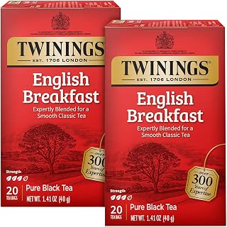 Twinings English Breakfast Tea 2-Pack – Caffeinated Black Tea Blend, Individually Wrapped Tea Bags, 20 Count Ea