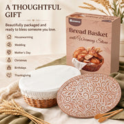 Romooa Bread Warmer Basket with Terracotta Stone, Wicker Serving Set, Wood Color and Red