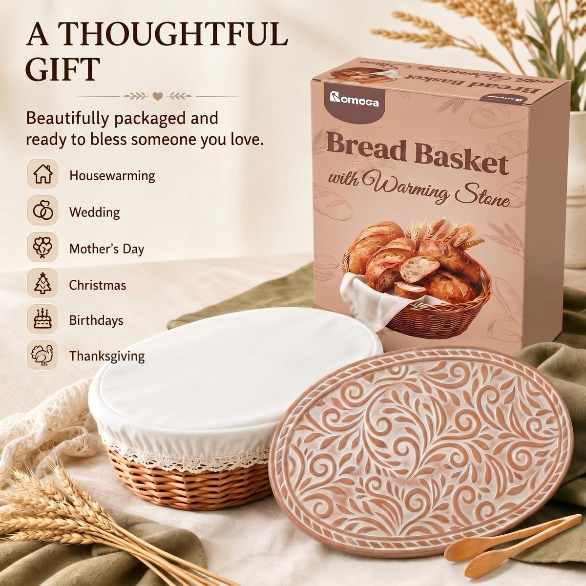 Romooa Bread Warmer Basket with Terracotta Stone, Wicker Serving Set, Wood Color and Red
