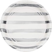 Creative Converting 329938 Party Supplies, White and Silver Foil Striped Dinner Plates, Tableware, 9", Multicolor, 8ct