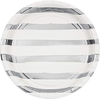 Creative Converting 329938 Party Supplies, White and Silver Foil Striped Dinner Plates, Tableware, 9", Multicolor, 8ct