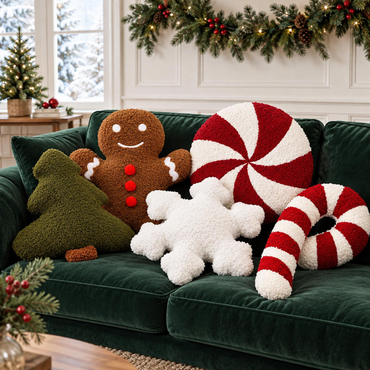 Memorywuu Christmas Throw Pillow Set, 5 Pack, Gingerbread and Tree Design