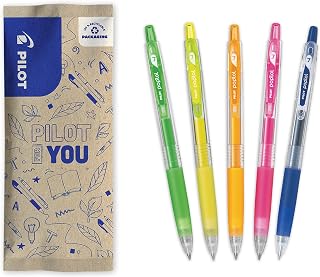 PILOT - Set of 5 Pop'Lol - Gel Ink Roller - Printable and Refillable - Smooth Writing - Neon Colours Green, Yellow, Orange, Pink + Blue - Medium Tip