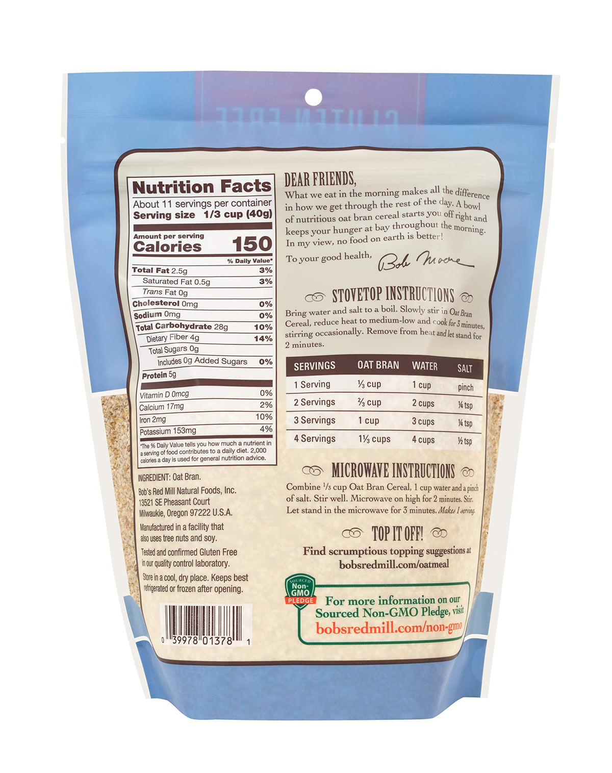 Gluten Free Oat Bran by Bob's Red Mill – 16 Ounce (Pack of 4), Pack of 4, Model P101697