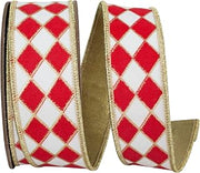 Reliant Ribbon Harlequin Solid Diamond Outline Gilded Deluxe Wired Edge Ribbon, White/red