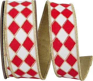 Reliant Ribbon Harlequin Solid Diamond Outline Gilded Deluxe Wired Edge Ribbon, White/red