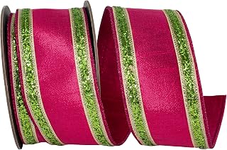 Reliant Ribbon Glitter Stripe Fiesta Deluxe Wired Edge, Fuchsia/Lime, 2-1/2 Inch, 5 Yards
