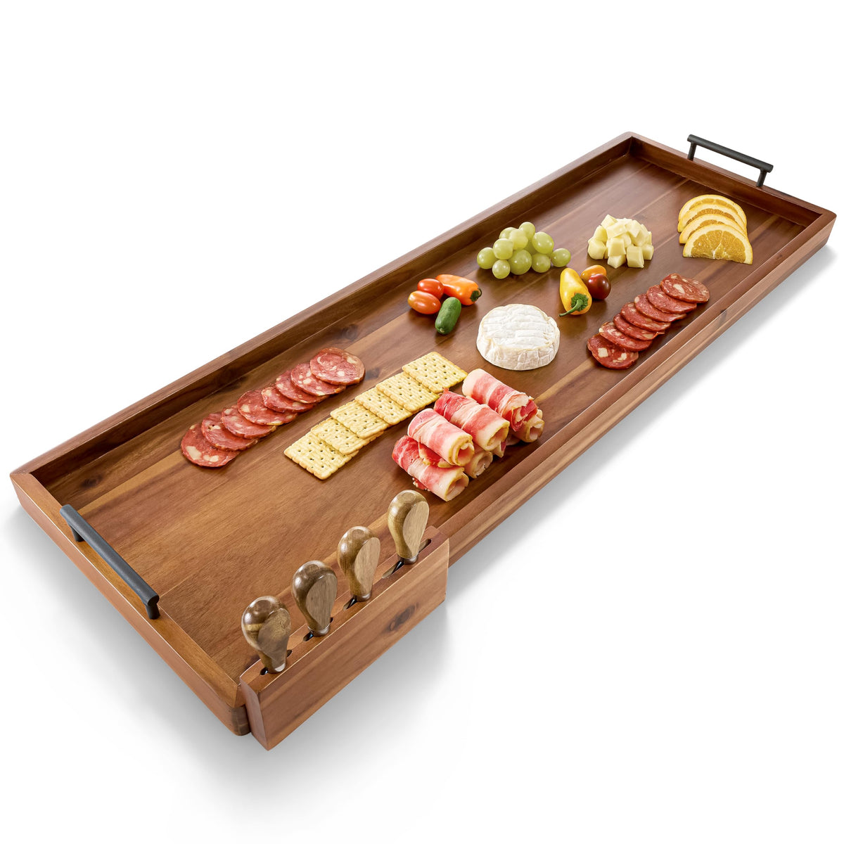 Tidita Acacia Charcuterie Board, 36 x 12 Inch with Metal Handles