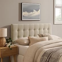 Modway Emily King Size Fabric Headboard in Ecru - Linen-Like Upholstery with Button Tufting and 7 Adjustable Height Positions