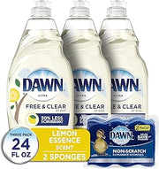 Free & Clear Dishwashing Liquid Dish Soap (3x24 oz) + Dawn Non-Scratch Scrubber Sponge (2 Count), Lemon Essence