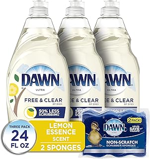 Free & Clear Dishwashing Liquid Dish Soap (3x24 oz) + Dawn Non-Scratch Scrubber Sponge (2 Count), Lemon Essence