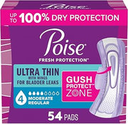 Poise Ultra Thin Incontinence Pads for Women, 4 Drop, Wings, 54 ct