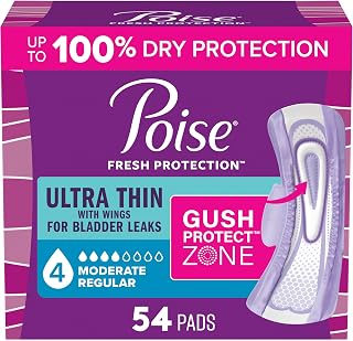 Poise Ultra Thin Incontinence Pads for Women, 4 Drop, Wings, 54 ct