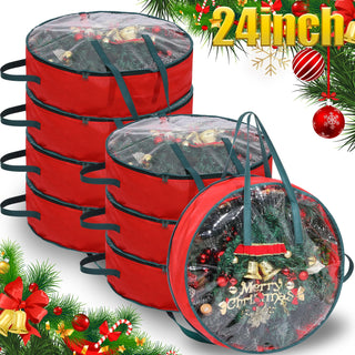 Shappy Wreath Storage Bag, 24 Inch Diameter, Clear with Red Trim, Set of 8