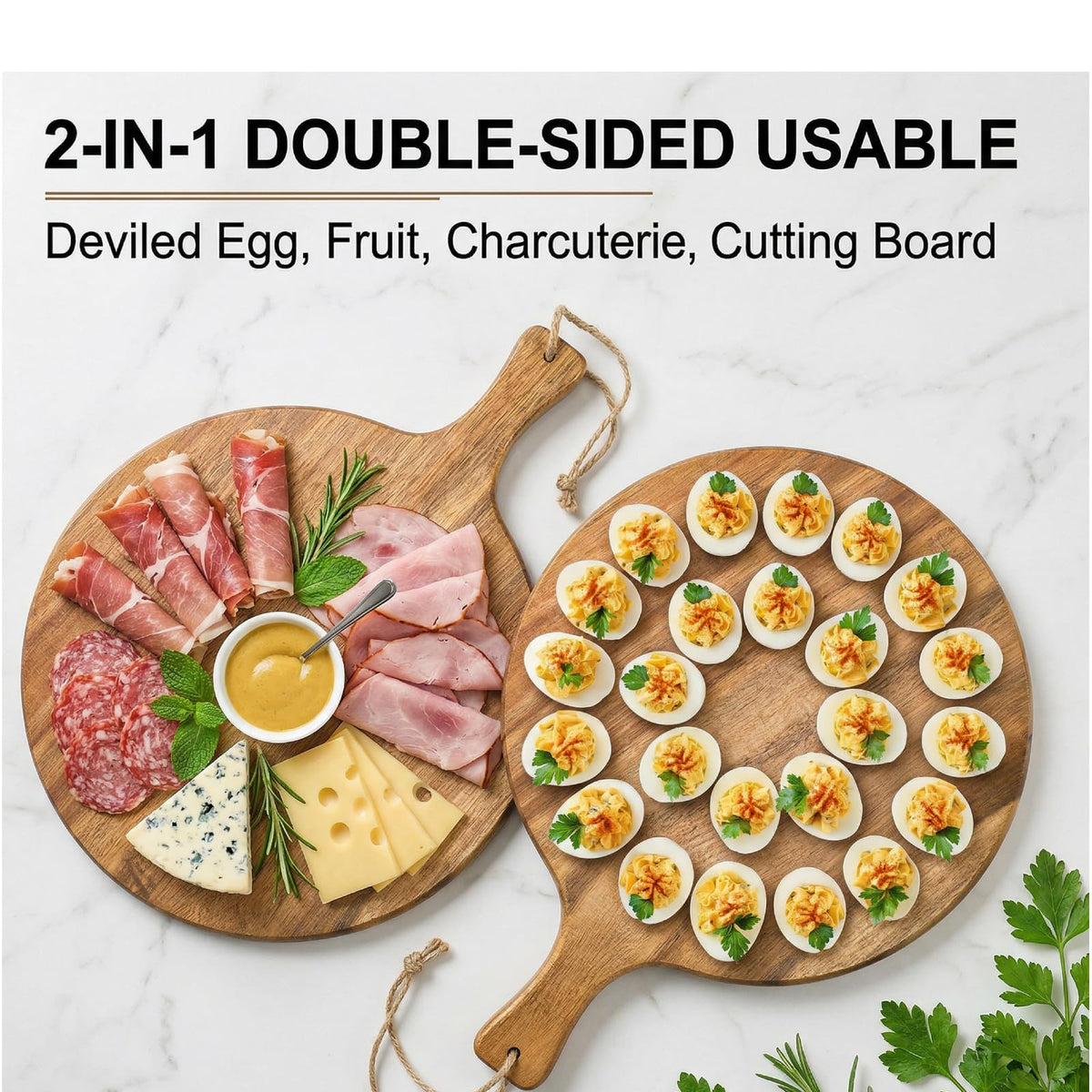 Okllen Acacia Wood Deviled Egg Platter, 24 Holes with Handle, Brown
