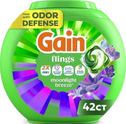 Gain Flings Liquid Washing Detergent Pods with Odor Defense + Color Guard, Moonlight Breeze Scent, 4-in-1 Liquid Laundry Detergent Pacs, Clean & Fresh, 42 Count (Packaging May Vary)