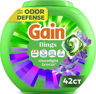 Gain Flings Liquid Washing Detergent Pods with Odor Defense + Color Guard, Moonlight Breeze Scent, 4-in-1 Liquid Laundry Detergent Pacs, Clean & Fresh, 42 Count (Packaging May Vary)