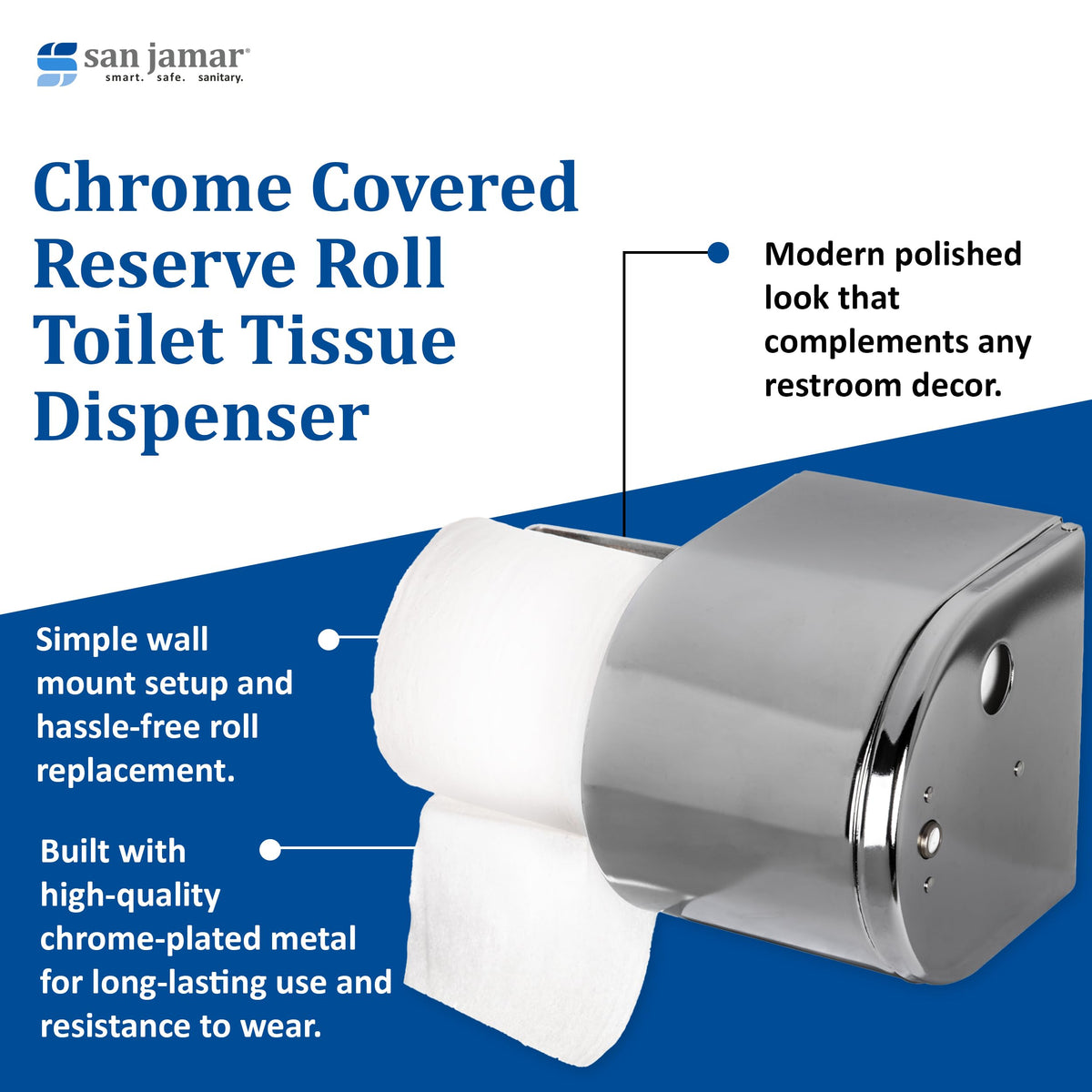 Chrome Covered Reserve Roll Tissue Dispenser by San Jamar – 2 Roll Capacity, Stainless Steel, Chrome, Model R1500XC