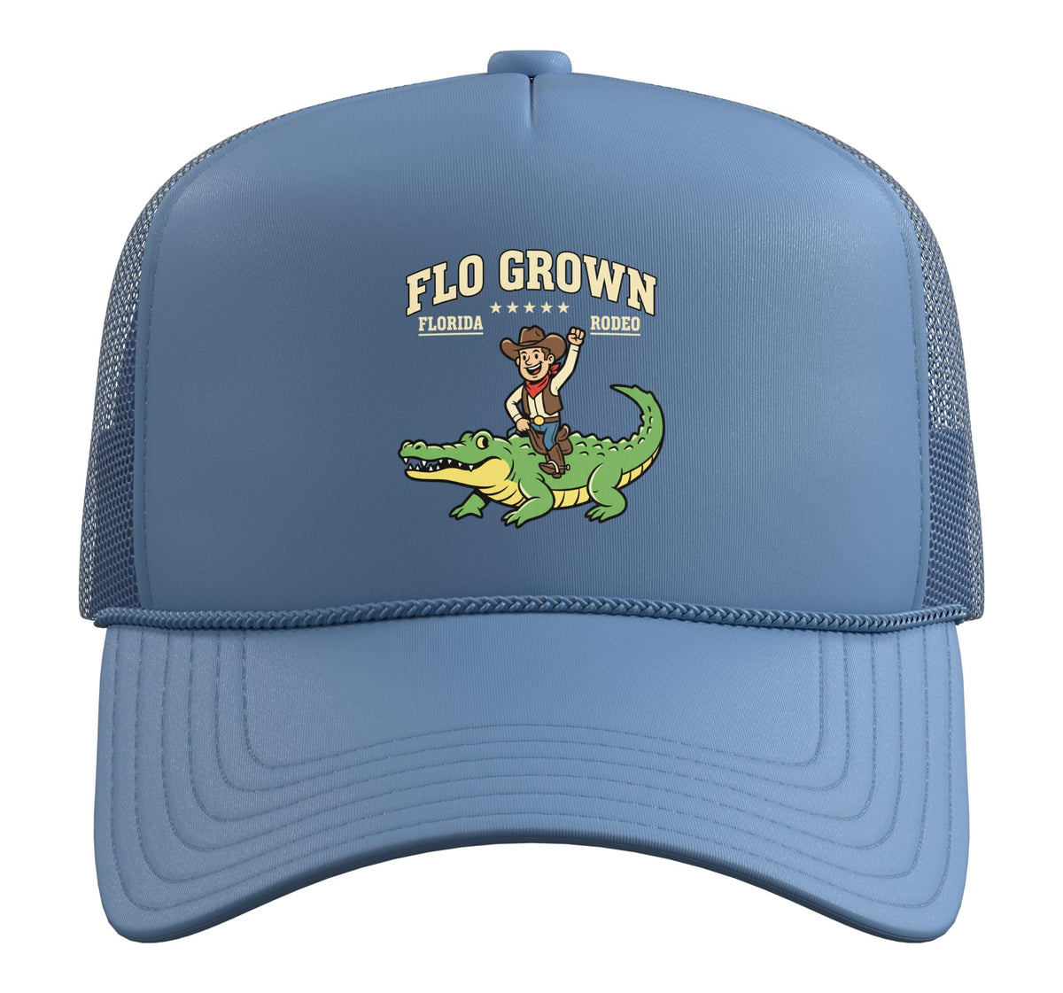 Flo Grown Florida Rodeo Alligator Cowboy Graphic Trucker Hat with Adjustable Mesh Back by Florida Rodeo Alligator Cowboy Flo Grown Western – Polyester, Light Blue