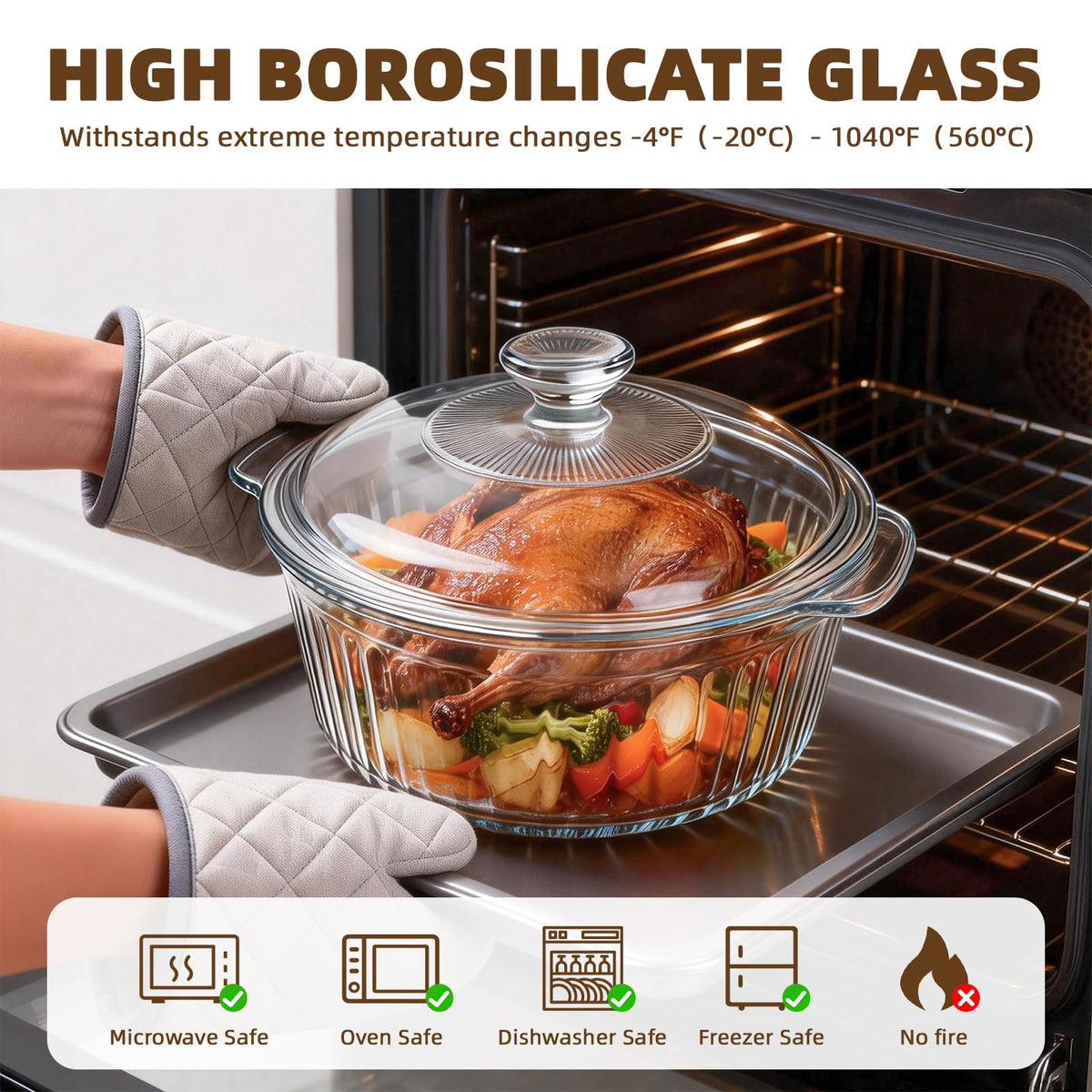 Luvan Round Glass Casserole, 2.4L Borosilicate, Transparent