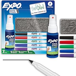 EXPO Dry Erase Markers Kit, Ultra Fine Tip, Assorted Colors, Eraser, Spray Cleaner, 7 Count - Whiteboard, Calendar, Office, School, Classroom, Teacher Supplies