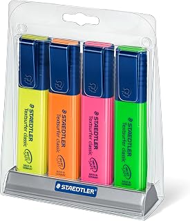 STAEDTLER Textsurfer Classic Highlighters - 4 Colors Rainbow Set with Stand, Ultra-Soft Chisel Tip, Fast-Drying Ink, Large Reservoir for Extended Use
