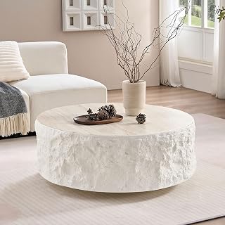 35" Imitation Stone Coffee Table, Round Coffee Table with Waterproof Surface, Mesa De Centro para Sala with No Assembly for Home Office Indoor use, Beige