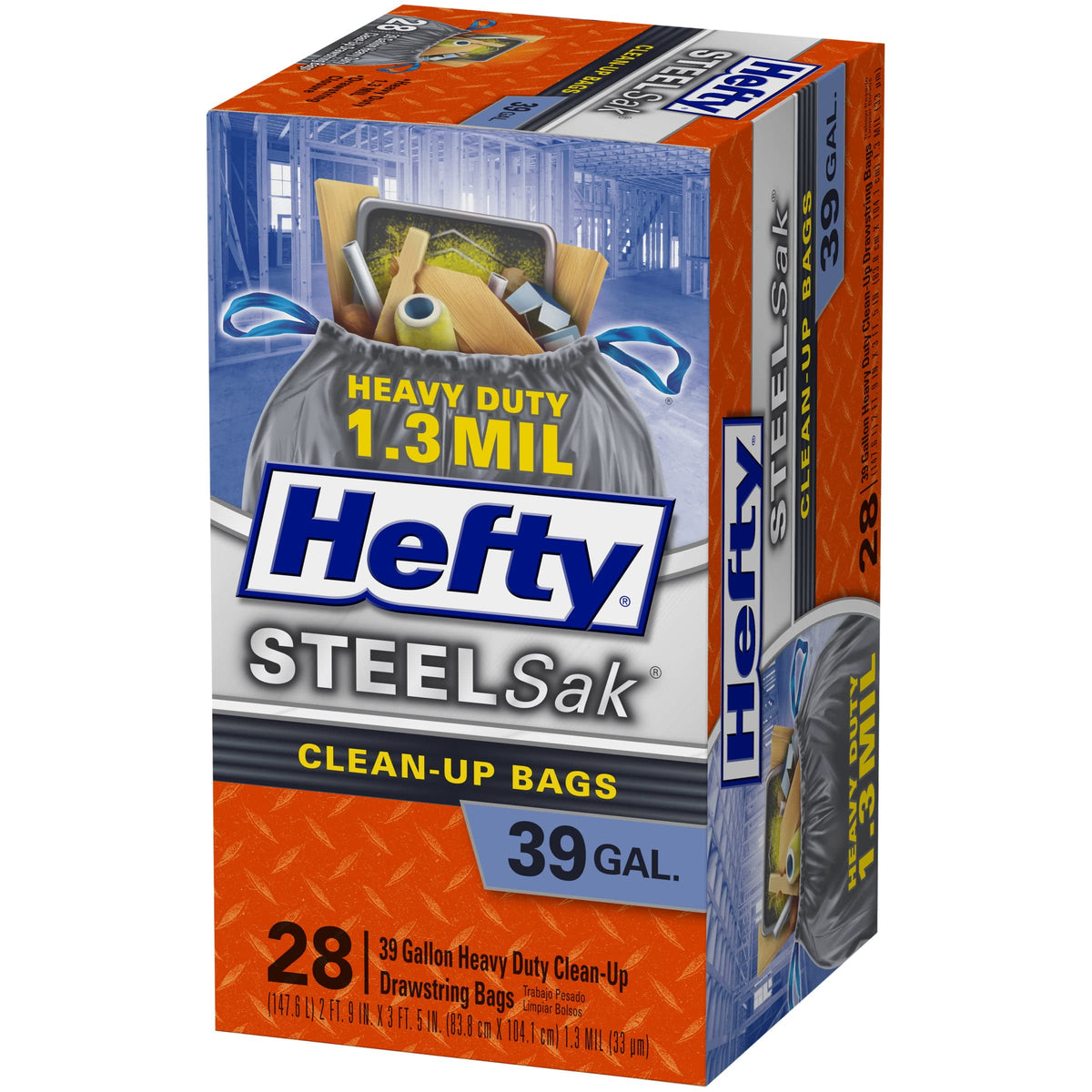 SteelSak Heavy Duty Large Clean-Up Trash Bags by Hefty – 28 Count (Pack of 1), 39.0 gallons, Steel, Black, Model E24530