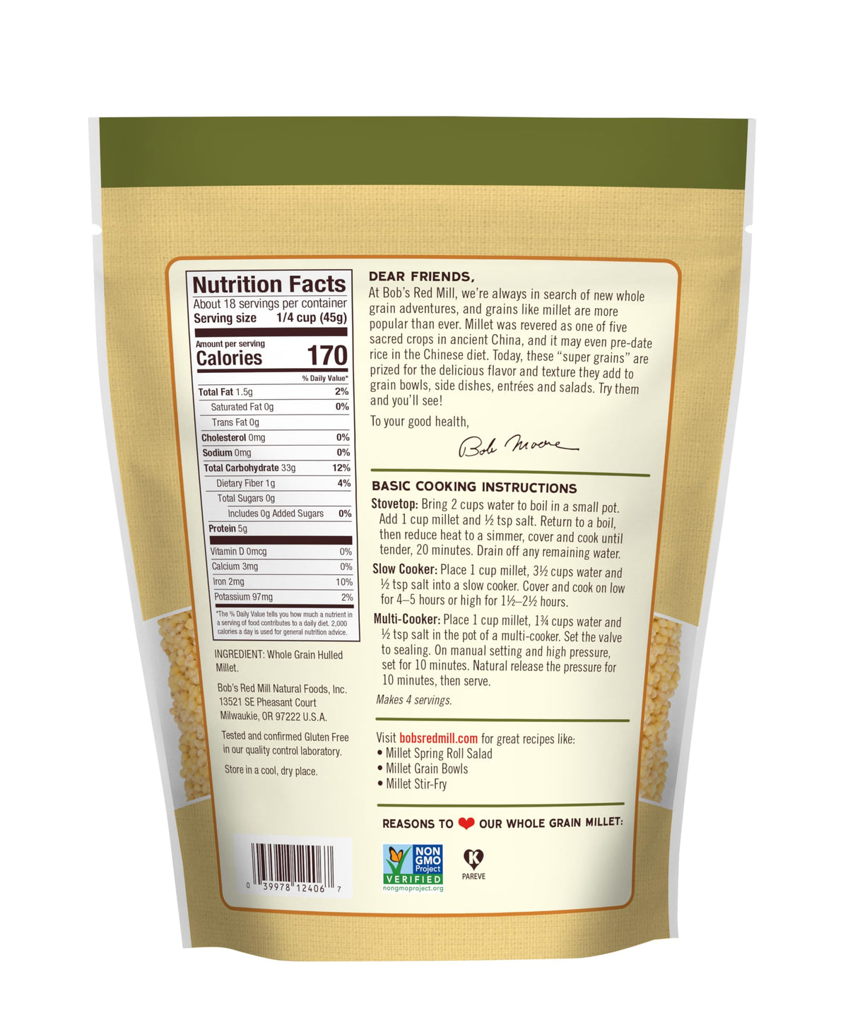 Whole Grain Millet by Bob's Red Mill – 28 Ounce (Pack of 4), Natural, Pack of 4, Model P101182