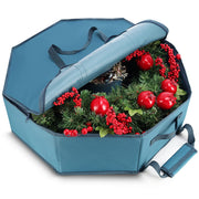 Hearth & Harbor Wreath Keeper, Hard Shell Container with Pockets, Blue 30 Inch