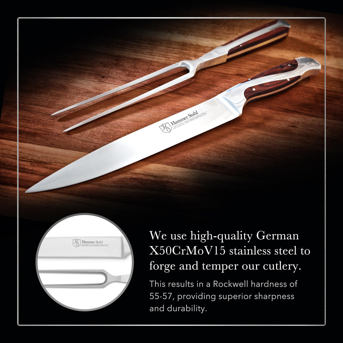 Hammer Stahl Carving Knife and Fork Set, 8 Inch German Steel Blades, Stainless Steel