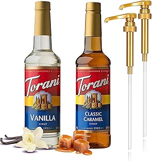 Coffee Syrup Variety Pack - Vanilla and Caramel Syrup for Coffee with 2 Jimoco Syrup Pump Dispenser Compatible with Torani Syrup