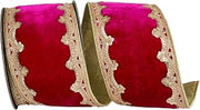 Reliant Ribbon Plush Velvet Deluxe Sequin Scallop Trimming Wired Edge, Ruby, 4 Inch, 5 Yards