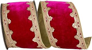 Reliant Ribbon Plush Velvet Deluxe Sequin Scallop Trimming Wired Edge, Ruby, 4 Inch, 5 Yards