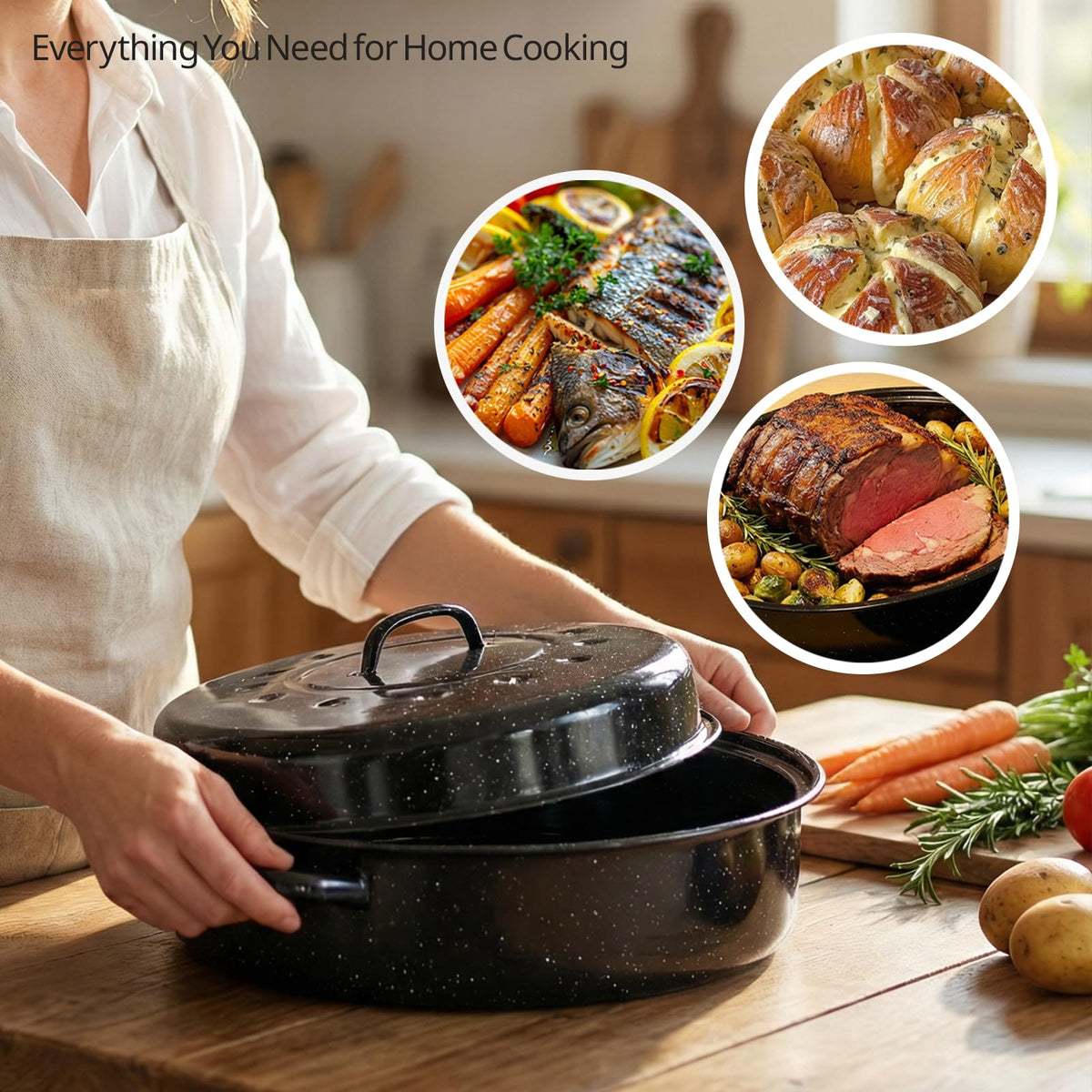 Granite Bowl Turkey Roaster With Lid, 18 Inch Carbon Steel, Black