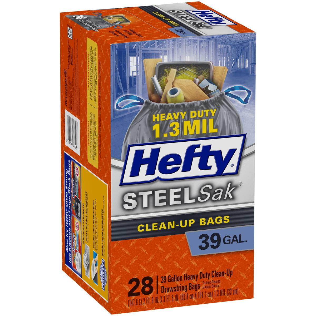 SteelSak Heavy Duty Large Clean-Up Trash Bags by Hefty – 28 Count (Pack of 1), 39.0 gallons, Steel, Black, Model E24530