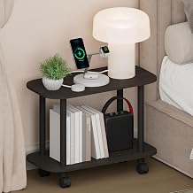 Furinno Turn-N-Tube Night Stand, 2-Tier Oval Nightstand with Wheels, Round Corner Side Table, End Table with Open Shelf, Toolless Assembly, for Living Room, Bedroom, Espresso