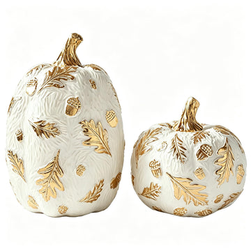DN Deconation Resin Pumpkin Set, White with Gold Accents, Set of 2