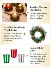 Romadedi Mercury Glass Votive Candle Holder with Wreath, Set of 6, Red Green Silver