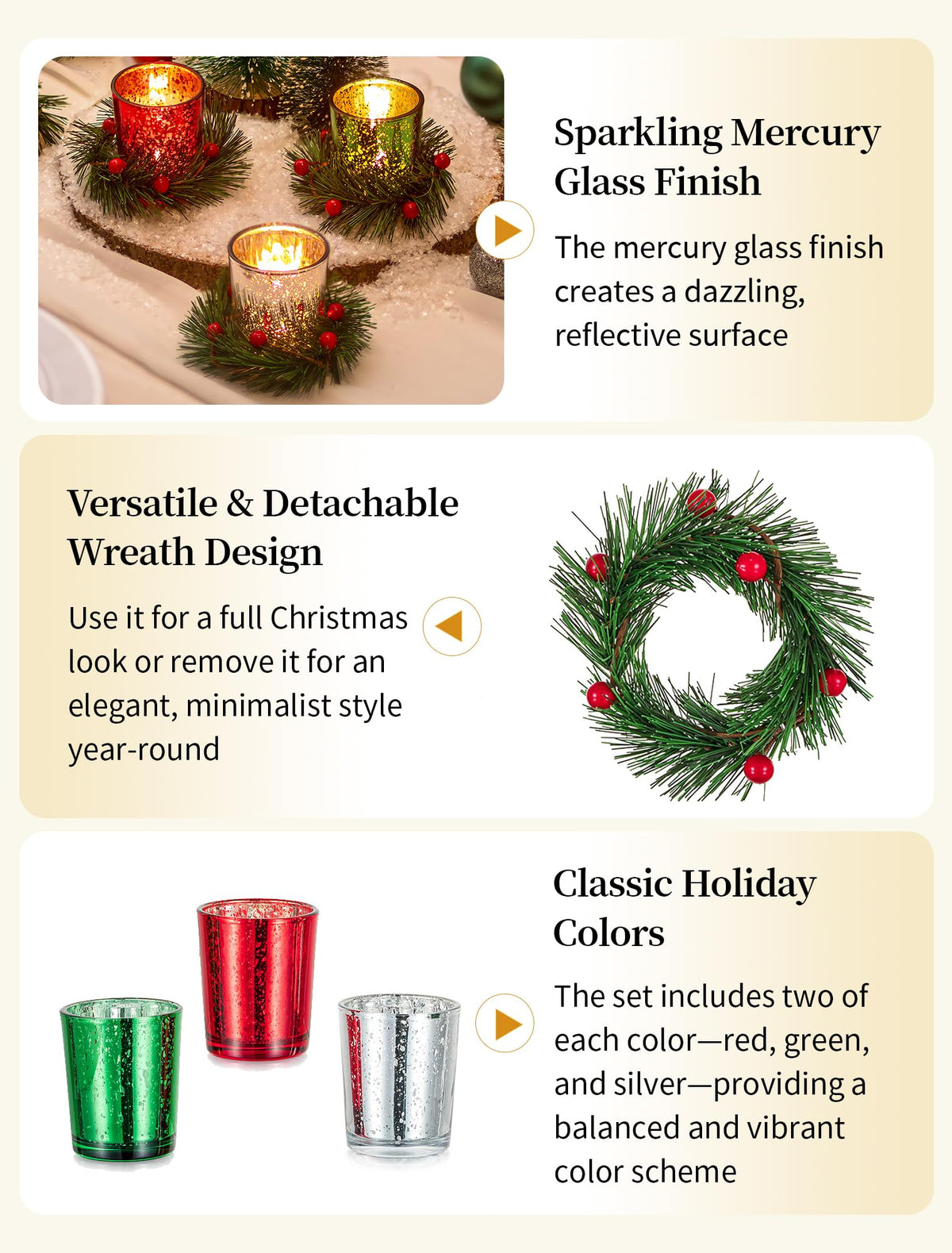 Romadedi Mercury Glass Votive Candle Holder with Wreath, Set of 6, Red Green Silver
