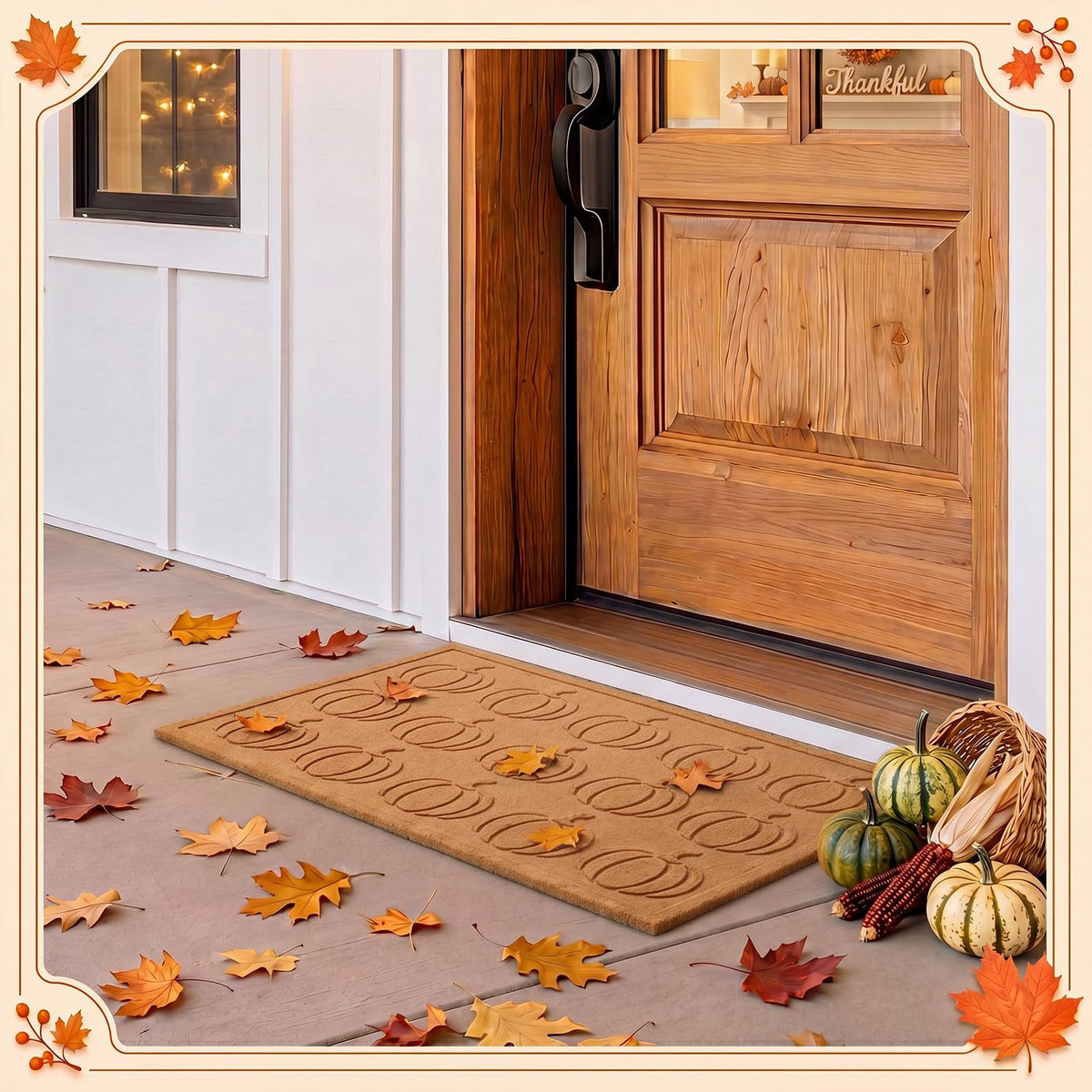 Dunzy Pumpkin Doormat, Beige Embossed Design, 30 x 17 Inch