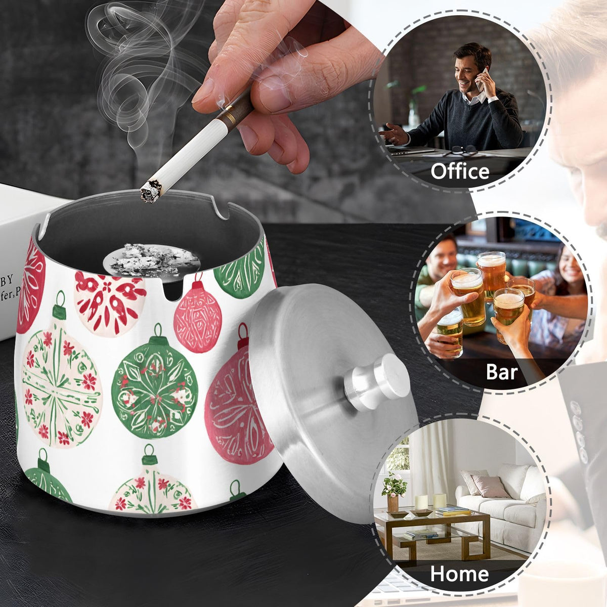 Christmas Light Ball Pattern Splash Ashtray with Lid by ALAZA – Stainless Steel, C4279, Model g541056504p1082c1149s2657