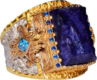 KAMBO Natural Sapphire Men's Ring Handmade 925 Sterling Silver King Ring Vintage Rectangular Sapphire Gemstone Statement Jewelry Gift for Him