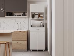 24" Mucura Microwave Cabinet with Drawer, 2 Double Doors, Open Shelf, and 4 Shelves, White – Multi-Purpose Kitchen Storage for Kitchen & Home Storage