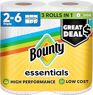 Bounty Essentials Select-A-Size Paper Towels, White, 2 Triple Rolls = 6 Regular Rolls (Packaging May Vary)