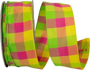 Reliant Ribbon Celine Check Woven Wired Edge Ribbon, Citrus/Fuchsia