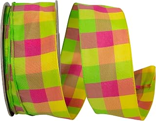 Reliant Ribbon Celine Check Woven Wired Edge Ribbon, Citrus/Fuchsia