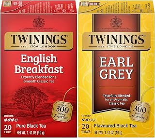 Twinings Tea Variety 2-Pack – English Breakfast + Earl Grey, Caffeinated Black Tea Bags, Individually Wrapped, 20 Count Each