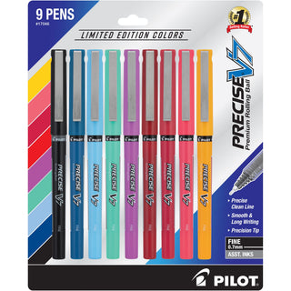 Precise V7 Rollerball Pens by PILOT – 9 Count (Pack of 1), Metal, Multicolor, Model 17046