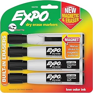 EXPO Magnetic Dry Erase Markers with Eraser, Chisel Tip, Black, 4 Count